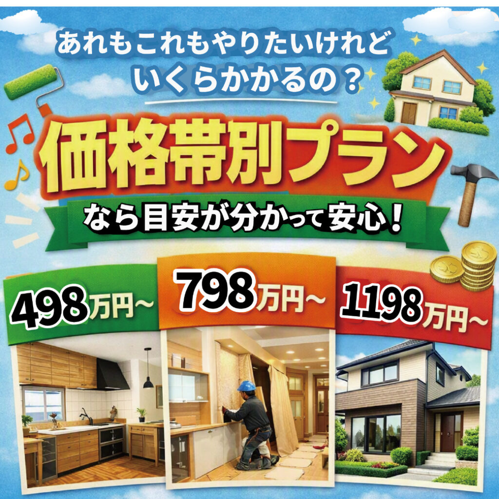 【山梨×リノベ】あれもこれもやりたいけれど、いくらかかるの？「〇〇万円〜」の価格帯別プランなら目安が分かって安心です